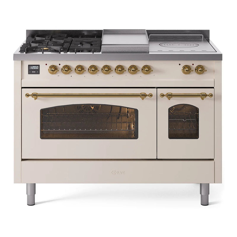 ILVE Nostalgie II 48" Dual Fuel Freestanding Range in Antique White with Brass Trim, UP48FSNMPAWGLP