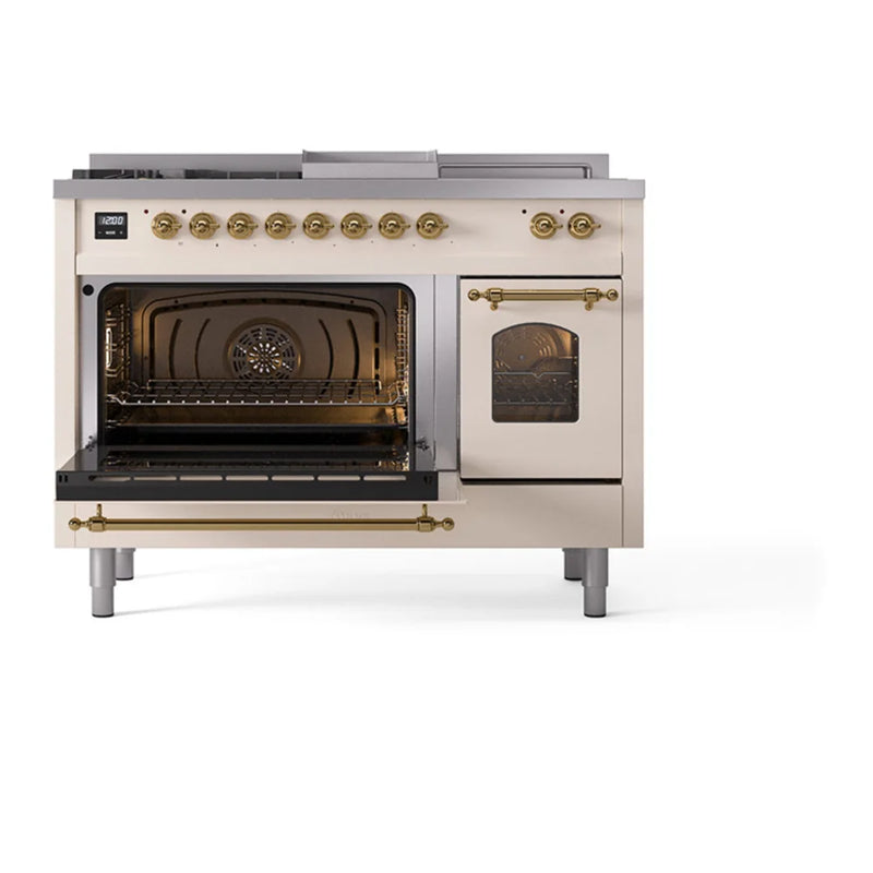 ILVE Nostalgie II 48" Dual Fuel Freestanding Range in Antique White with Brass Trim, UP48FSNMPAWGLP