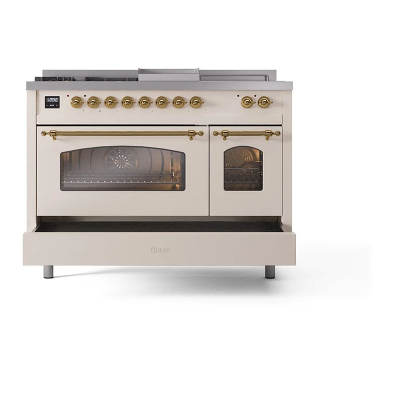 ILVE Nostalgie II 48" Dual Fuel Freestanding Range in Antique White with Brass Trim, UP48FSNMPAWGLP