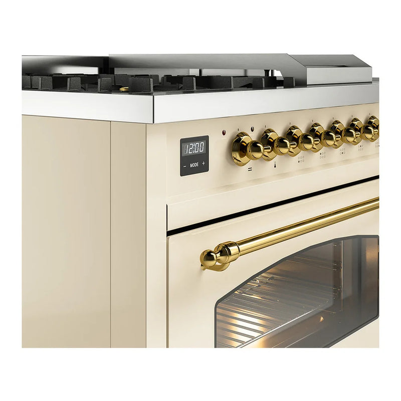 ILVE Nostalgie II 48" Dual Fuel Freestanding Range in Antique White with Brass Trim, UP48FSNMPAWGLP
