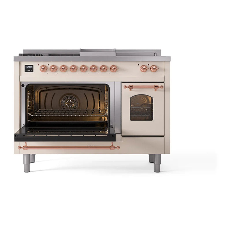 ILVE Nostalgie II 48" Dual Fuel Freestanding Range in Antique White with Copper Trim, UP48FSNMPAWPLP