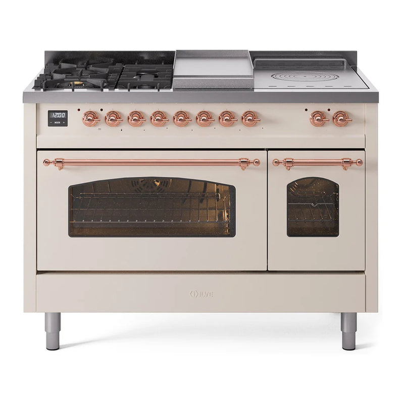 ILVE Nostalgie II 48" Dual Fuel Freestanding Range in Antique White with Copper Trim, UP48FSNMPAWP
