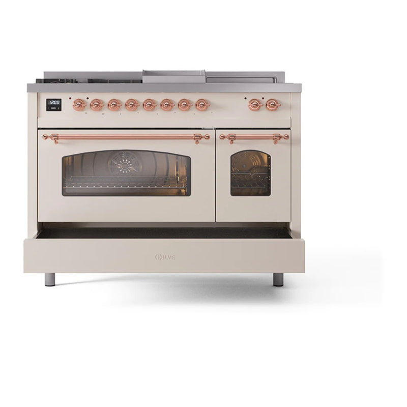 ILVE Nostalgie II 48" Dual Fuel Freestanding Range in Antique White with Copper Trim, UP48FSNMPAWP