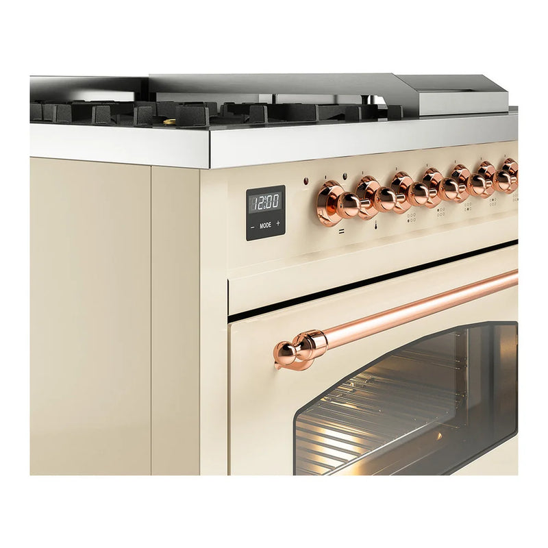 ILVE Nostalgie II 48" Dual Fuel Freestanding Range in Antique White with Copper Trim, UP48FSNMPAWP
