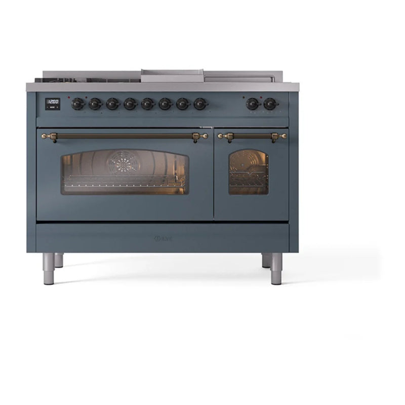 ILVE Nostalgie II 48" Dual Fuel Freestanding Range in Blue Grey with Burnished Trim, UP48FSNMPBGBLP