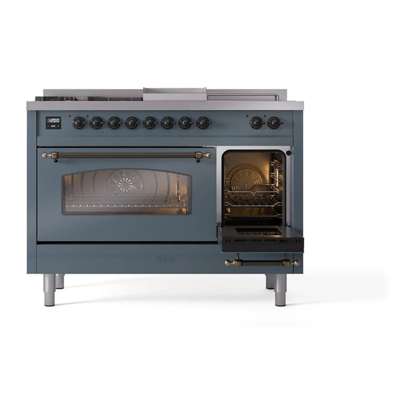 ILVE Nostalgie II 48" Dual Fuel Freestanding Range in Blue Grey with Burnished Trim, UP48FSNMPBGBLP