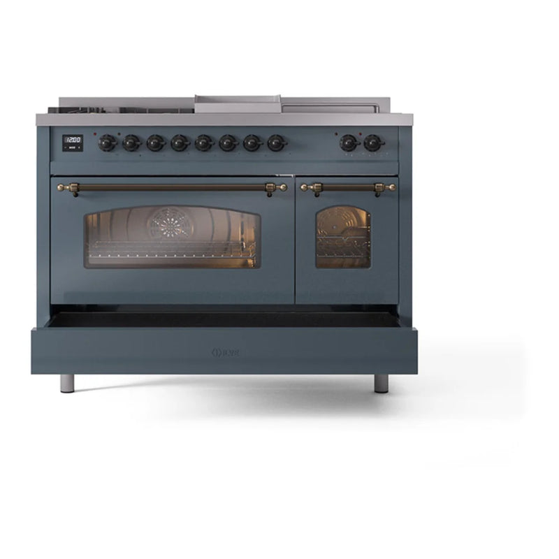 ILVE Nostalgie II 48" Dual Fuel Freestanding Range in Blue Grey with Burnished Trim, UP48FSNMPBGBLP