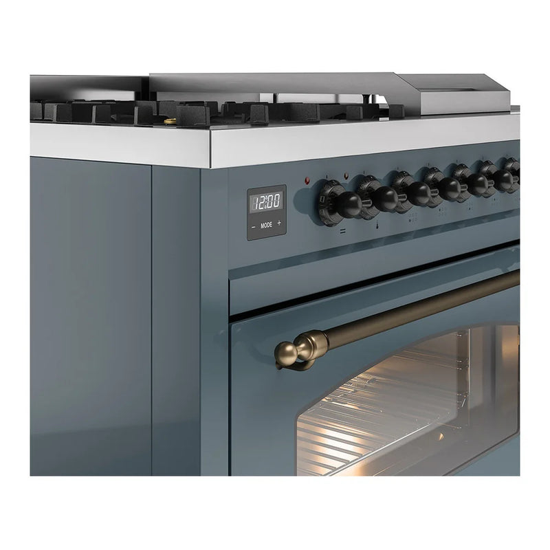 ILVE Nostalgie II 48" Dual Fuel Freestanding Range in Blue Grey with Burnished Trim, UP48FSNMPBGBLP