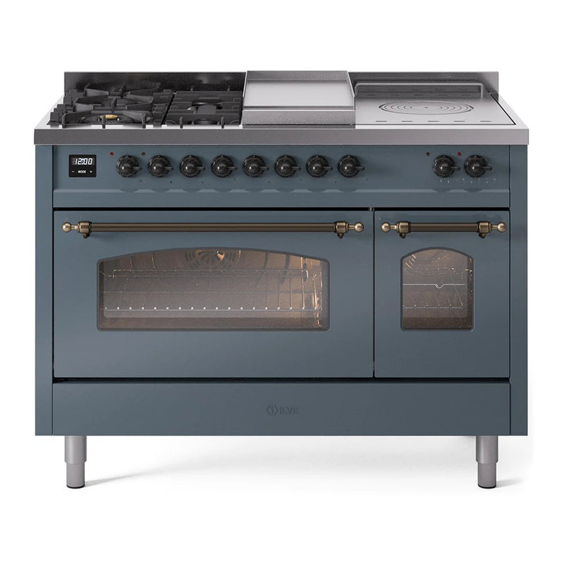 ILVE Nostalgie II 48" Dual Fuel Freestanding Range in Blue Grey with Burnished Trim, UP48FSNMPBGB