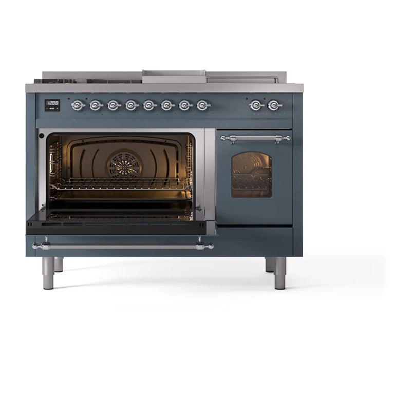 ILVE Nostalgie II 48" Dual Fuel Freestanding Range in Blue Grey with Chrome Trim, UP48FSNMPBGCLP