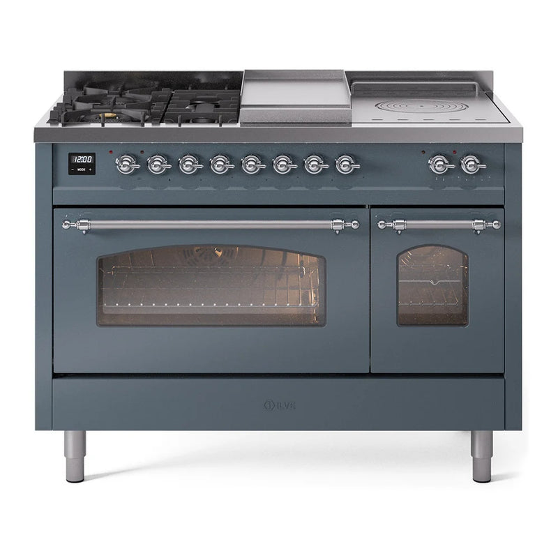 ILVE Nostalgie II 48" Dual Fuel Freestanding Range in Blue Grey with Chrome Trim, UP48FSNMPBGC