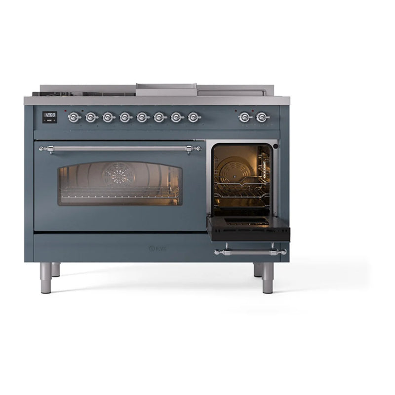 ILVE Nostalgie II 48" Dual Fuel Freestanding Range in Blue Grey with Chrome Trim, UP48FSNMPBGC