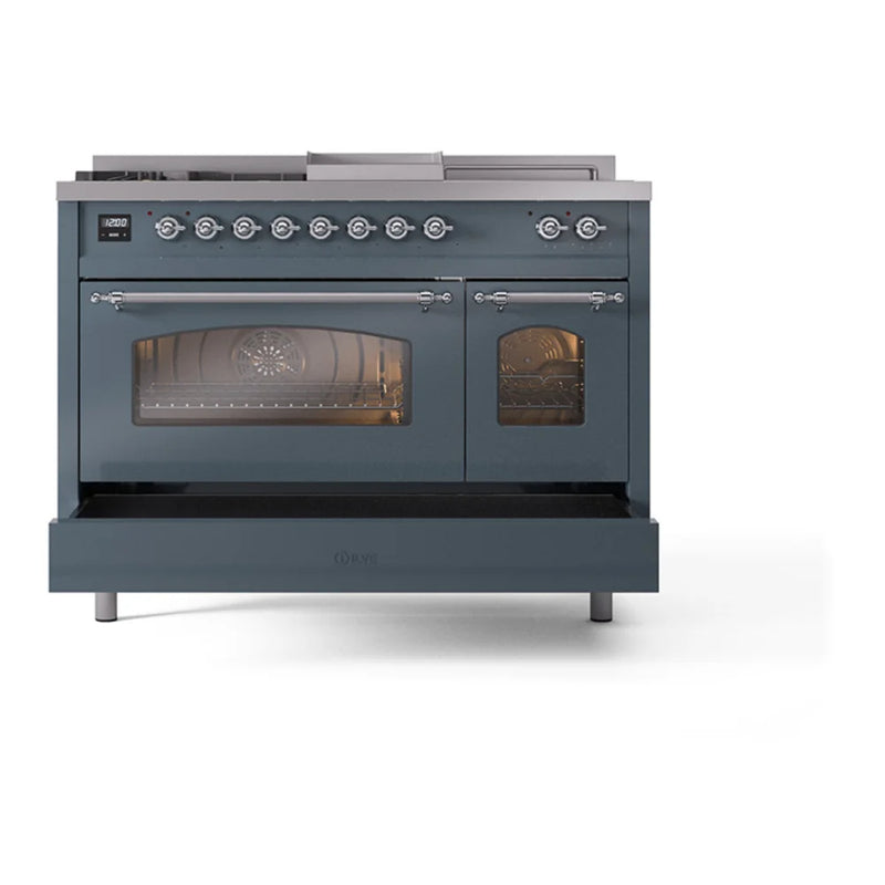 ILVE Nostalgie II 48" Dual Fuel Freestanding Range in Blue Grey with Chrome Trim, UP48FSNMPBGC