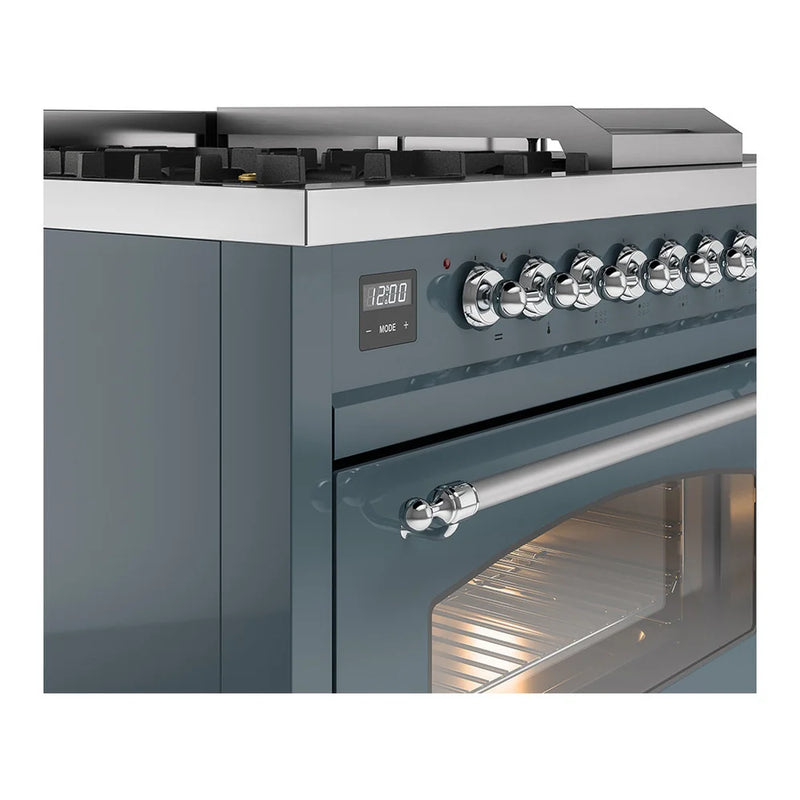 ILVE Nostalgie II 48" Dual Fuel Freestanding Range in Blue Grey with Chrome Trim, UP48FSNMPBGC