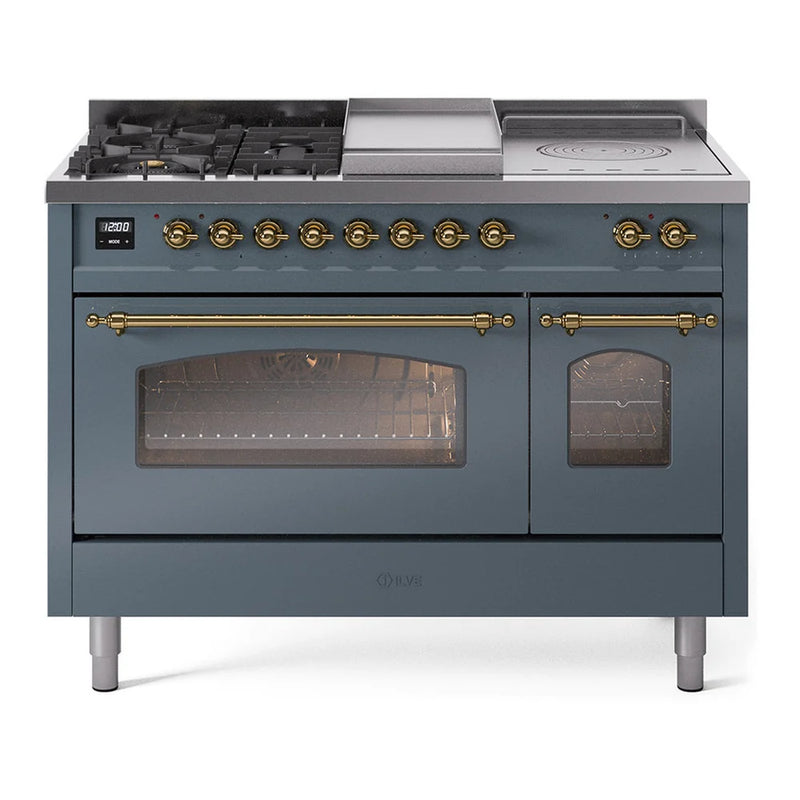 ILVE Nostalgie II 48" Dual Fuel Freestanding Range in Blue Grey with Brass Trim, UP48FSNMPBGGLP