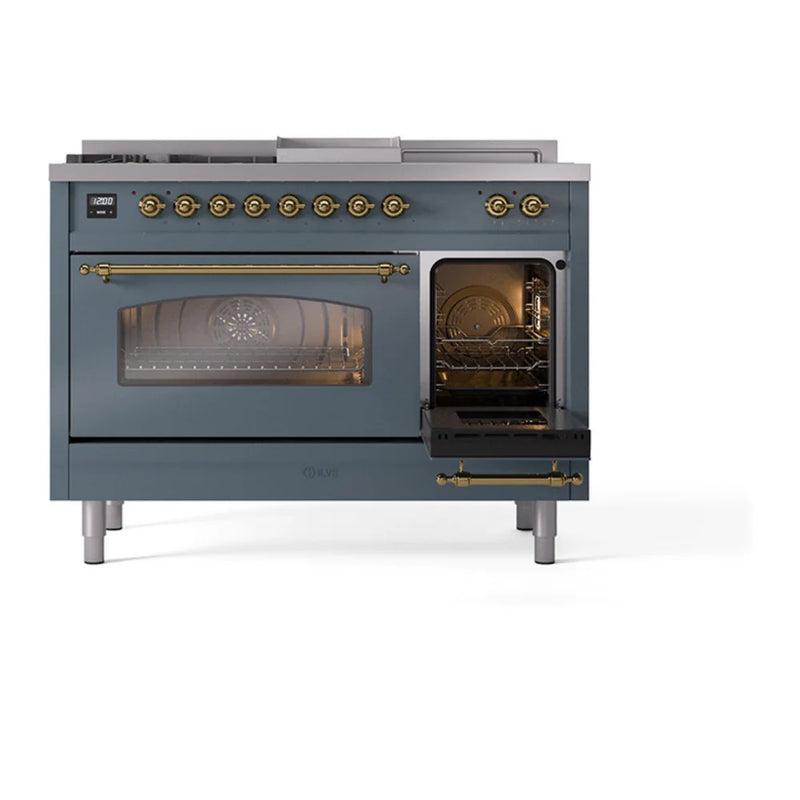 ILVE Nostalgie II 48" Dual Fuel Freestanding Range in Blue Grey with Brass Trim, UP48FSNMPBGGLP