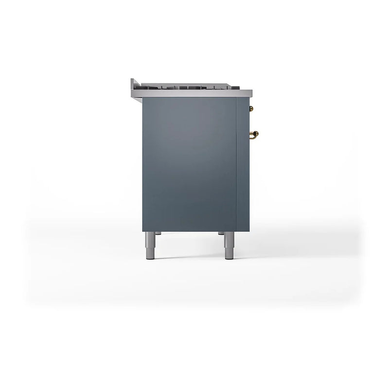 ILVE Nostalgie II 48" Dual Fuel Freestanding Range in Blue Grey with Brass Trim, UP48FSNMPBGGLP