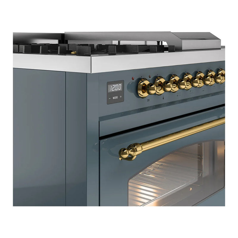 ILVE Nostalgie II 48" Dual Fuel Freestanding Range in Blue Grey with Brass Trim, UP48FSNMPBGG