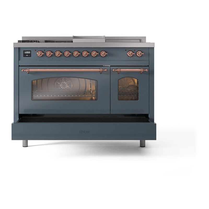 ILVE Nostalgie II 48" Dual Fuel Freestanding Range in Blue Grey with Copper Trim, UP48FSNMPBGPLP