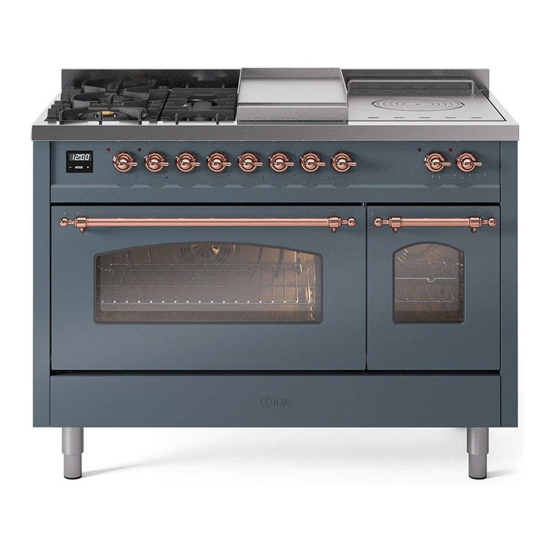 ILVE Nostalgie II 48" Dual Fuel Freestanding Range in Blue Grey with Copper Trim, UP48FSNMPBGP