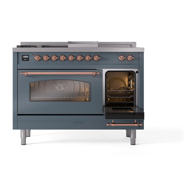ILVE Nostalgie II 48" Dual Fuel Freestanding Range in Blue Grey with Copper Trim, UP48FSNMPBGP