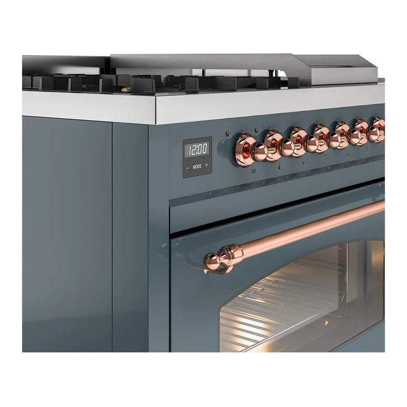 ILVE Nostalgie II 48" Dual Fuel Freestanding Range in Blue Grey with Copper Trim, UP48FSNMPBGP