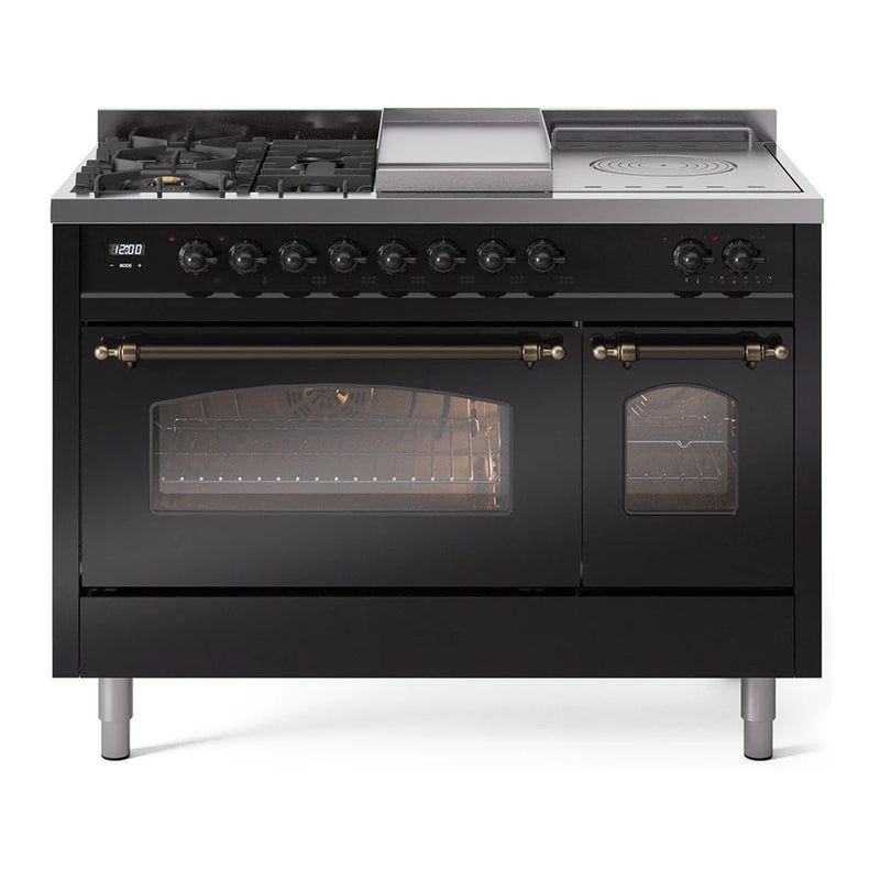 ILVE Nostalgie II 48" Dual Fuel Freestanding Range in Glossy Black with Burnished Trim, UP48FSNMPBKBLP