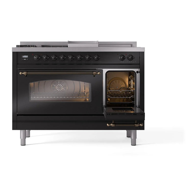 ILVE Nostalgie II 48" Dual Fuel Freestanding Range in Glossy Black with Burnished Trim, UP48FSNMPBKBLP