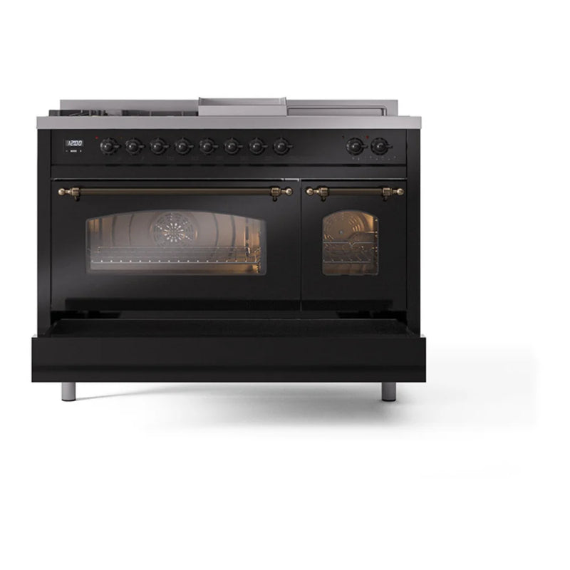 ILVE Nostalgie II 48" Dual Fuel Freestanding Range in Glossy Black with Burnished Trim, UP48FSNMPBKB