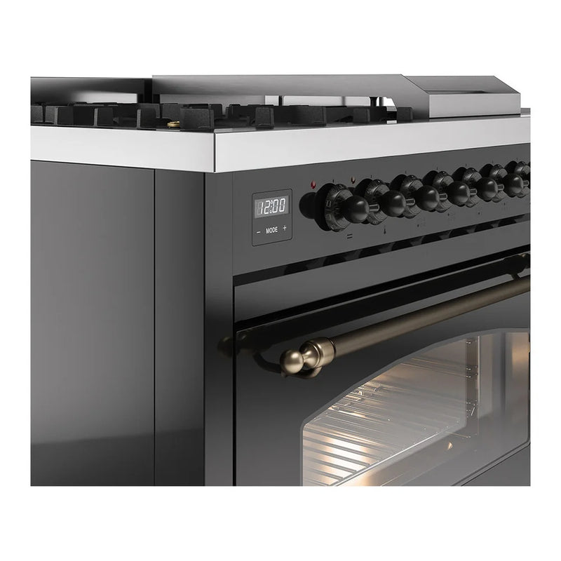 ILVE Nostalgie II 48" Dual Fuel Freestanding Range in Glossy Black with Burnished Trim, UP48FSNMPBKB