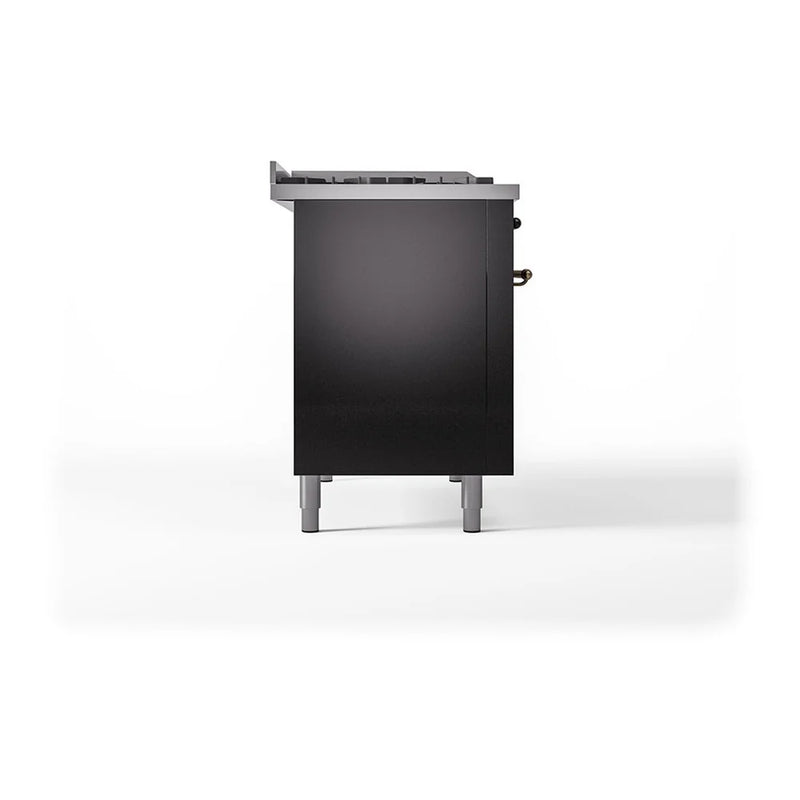 ILVE Nostalgie II 48" Dual Fuel Freestanding Range in Glossy Black with Burnished Trim, UP48FSNMPBKB