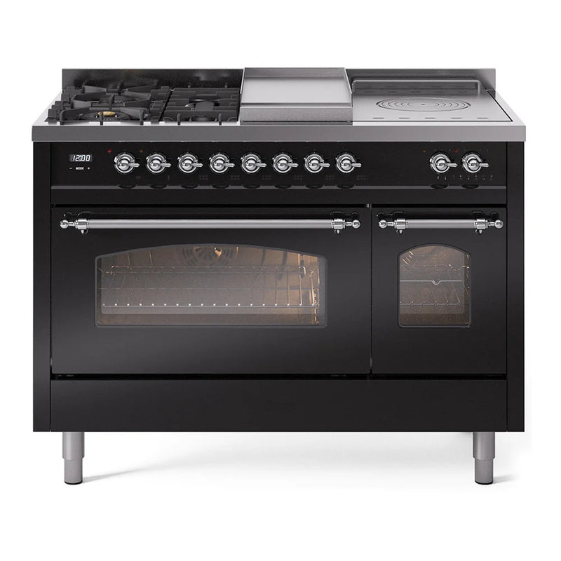 ILVE Nostalgie II 48" Dual Fuel Freestanding Range in Glossy Black with Chrome Trim, UP48FSNMPBKCLP