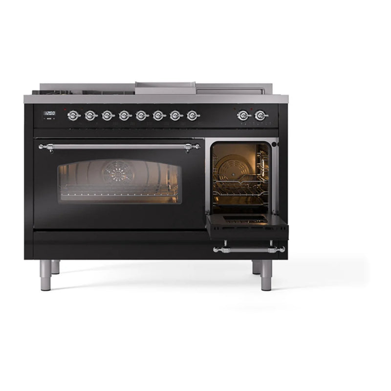 ILVE Nostalgie II 48" Dual Fuel Freestanding Range in Glossy Black with Chrome Trim, UP48FSNMPBKCLP
