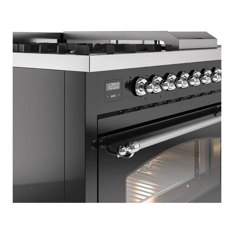 ILVE Nostalgie II 48" Dual Fuel Freestanding Range in Glossy Black with Chrome Trim, UP48FSNMPBKC