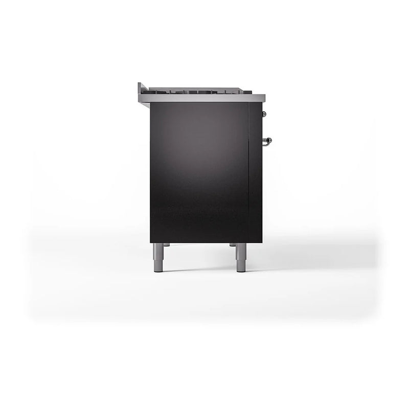 ILVE Nostalgie II 48" Dual Fuel Freestanding Range in Glossy Black with Chrome Trim, UP48FSNMPBKC