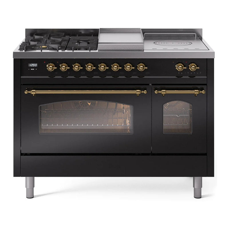 ILVE Nostalgie II 48" Dual Fuel Freestanding Range in Glossy Black with Brass Trim, UP48FSNMPBKGLP