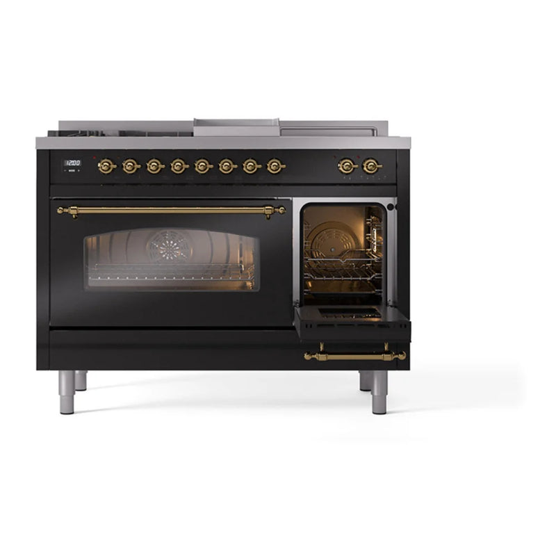 ILVE Nostalgie II 48" Dual Fuel Freestanding Range in Glossy Black with Brass Trim, UP48FSNMPBKG