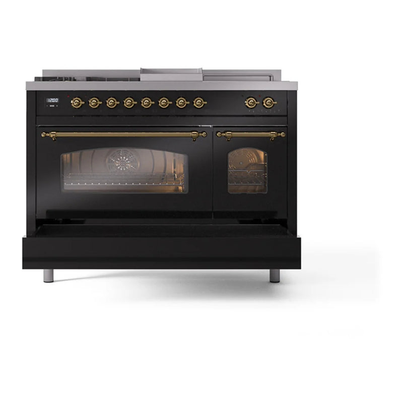 ILVE Nostalgie II 48" Dual Fuel Freestanding Range in Glossy Black with Brass Trim, UP48FSNMPBKG