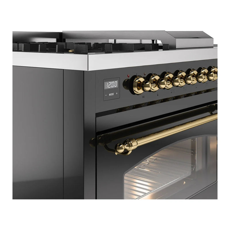 ILVE Nostalgie II 48" Dual Fuel Freestanding Range in Glossy Black with Brass Trim, UP48FSNMPBKG