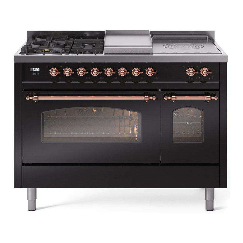ILVE Nostalgie II 48" Dual Fuel Freestanding Range in Glossy Black with Copper Trim, UP48FSNMPBKPLP