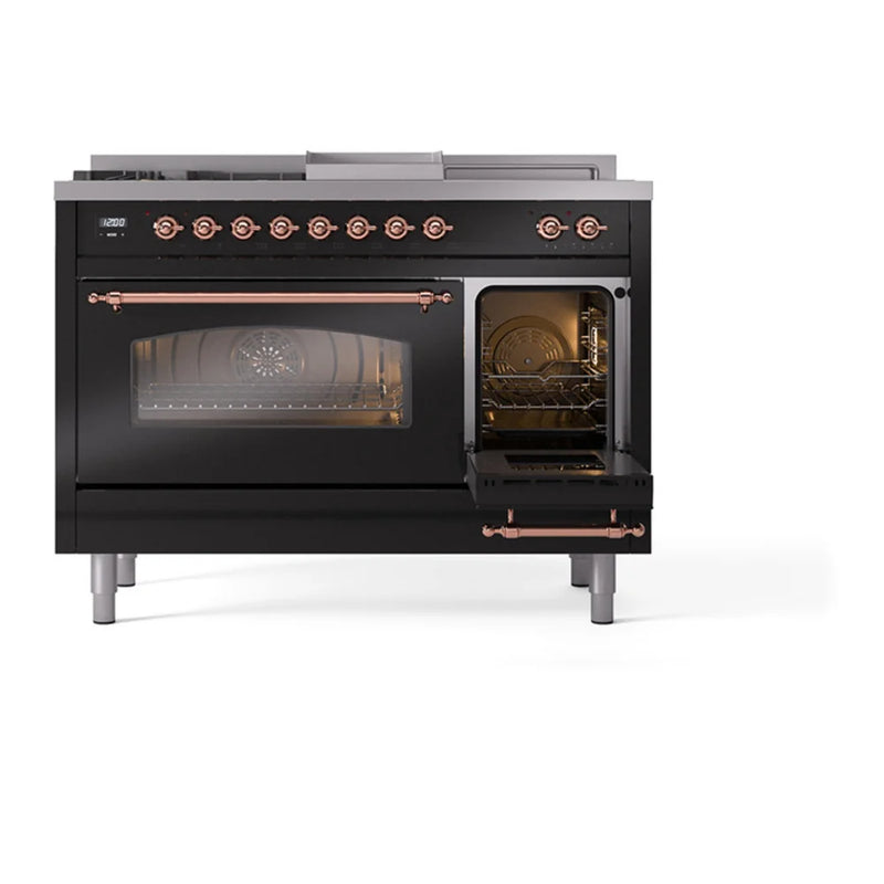 ILVE Nostalgie II 48" Dual Fuel Freestanding Range in Glossy Black with Copper Trim, UP48FSNMPBKPLP