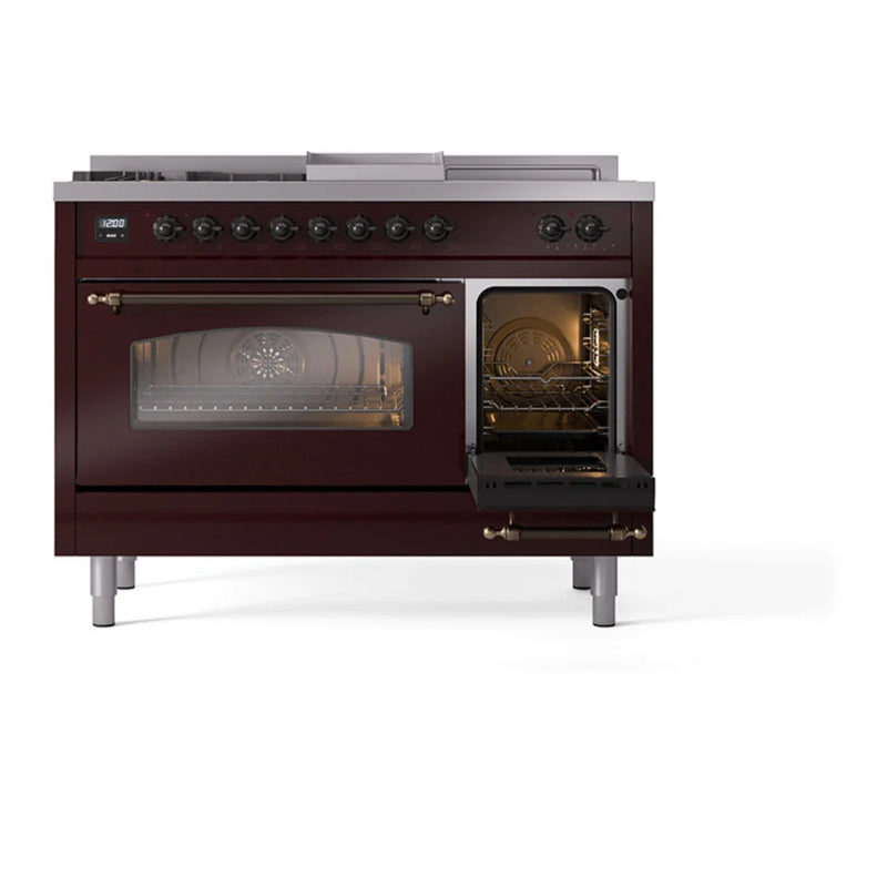 ILVE Nostalgie II 48" Dual Fuel Freestanding Range in Burgundy with Burnished Trim, UP48FSNMPBUBLP