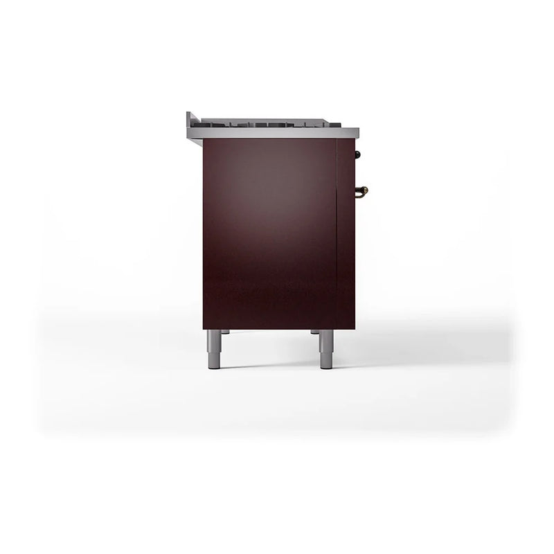 ILVE Nostalgie II 48" Dual Fuel Freestanding Range in Burgundy with Burnished Trim, UP48FSNMPBUBLP