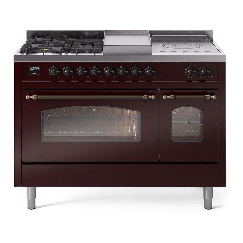 ILVE Nostalgie II 48" Dual Fuel Freestanding Range in Burgundy with Burnished Trim, UP48FSNMPBUB
