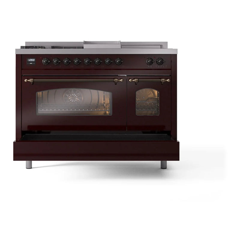 ILVE Nostalgie II 48" Dual Fuel Freestanding Range in Burgundy with Burnished Trim, UP48FSNMPBUB