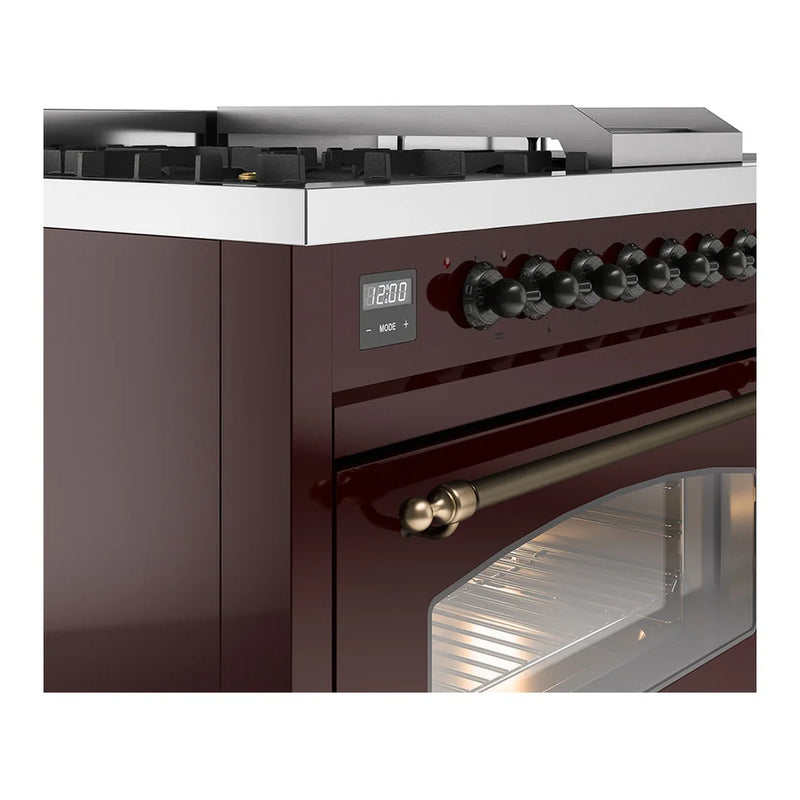 ILVE Nostalgie II 48" Dual Fuel Freestanding Range in Burgundy with Burnished Trim, UP48FSNMPBUB