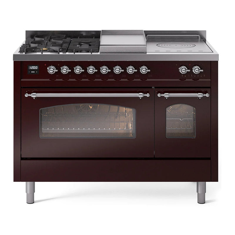 ILVE Nostalgie II 48" Dual Fuel Freestanding Range in Burgundy with Chrome Trim, UP48FSNMPBUCLP
