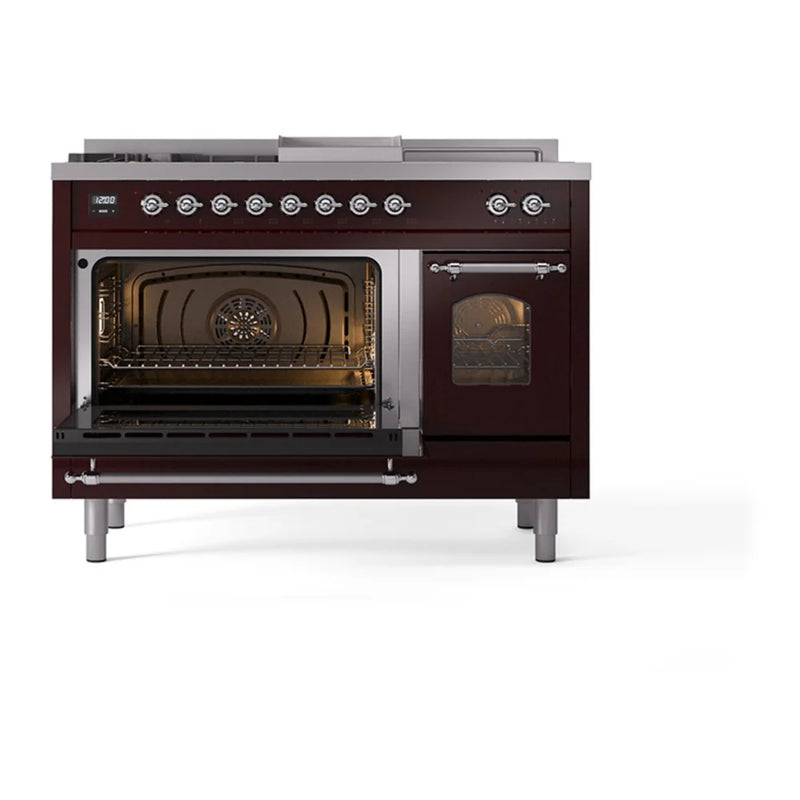 ILVE Nostalgie II 48" Dual Fuel Freestanding Range in Burgundy with Chrome Trim, UP48FSNMPBUCLP