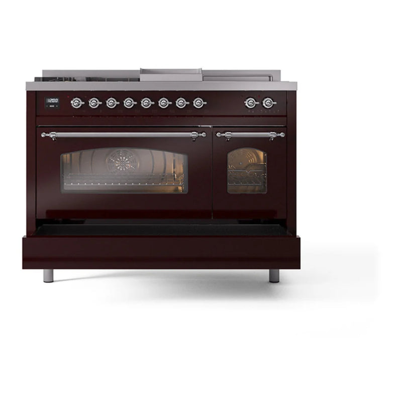 ILVE Nostalgie II 48" Dual Fuel Freestanding Range in Burgundy with Chrome Trim, UP48FSNMPBUCLP