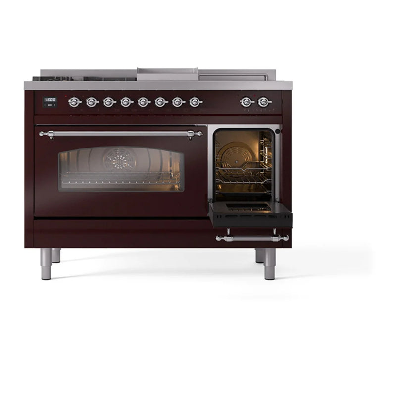 ILVE Nostalgie II 48" Dual Fuel Freestanding Range in Burgundy with Chrome Trim, UP48FSNMPBUC